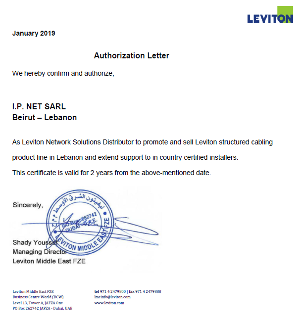 Leviton Distributor Authorization Lebanon